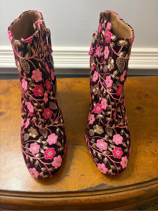 Aquazzura Shoes - Aquazzura Floral Embroidered Velvet Ankle Boots - Pink on Burgundy